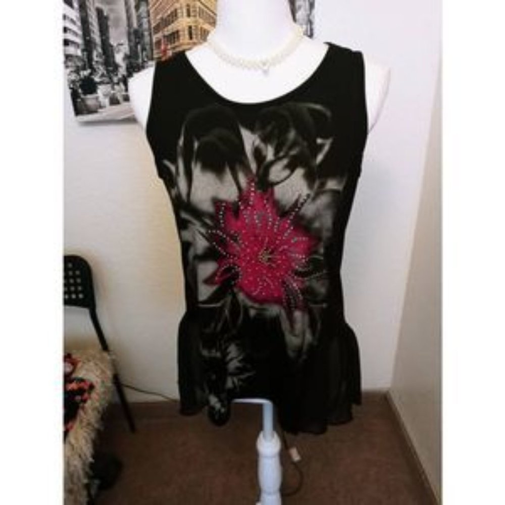 Shannon Ford New York Designer Floral Studded Tank Top w/ruffle clear bottom M